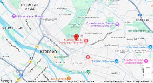 Karte von Bremen mit bekannten Sehenswürdigkeiten und Orten, inklusive Hafen, Wallace Park, Weserstadion, und Hotels.