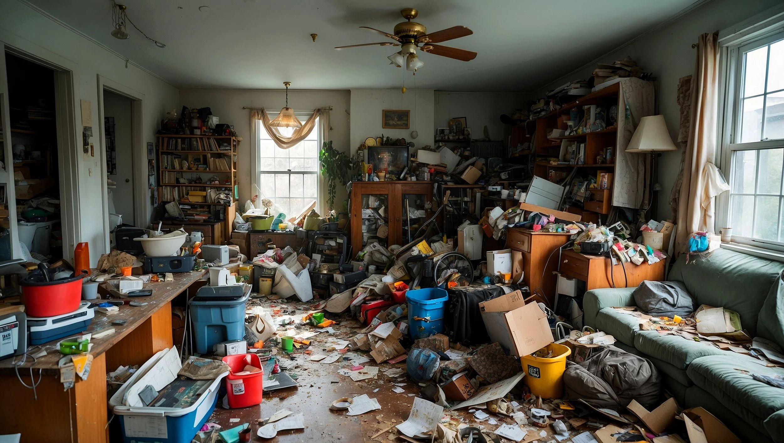 Room filled with accumulated belongings and household clutter