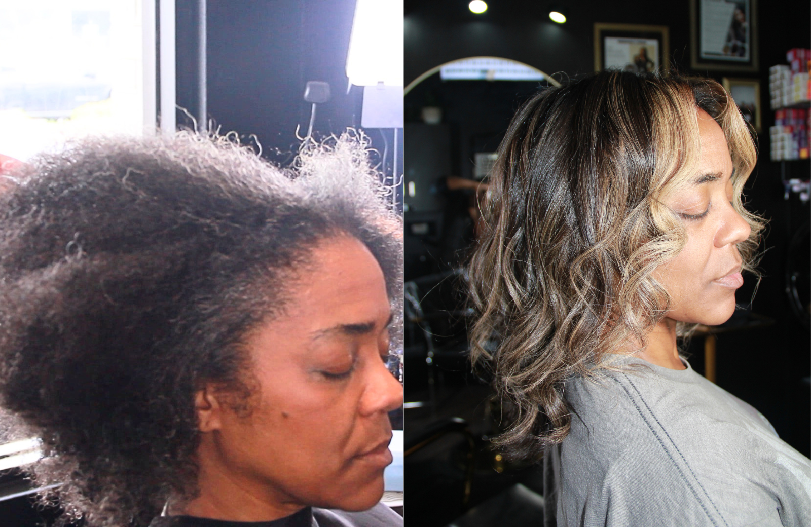 Side-by-side comparison of a woman's hair before and after a styling session. The left shows her natural, curly hair, and the right shows her styled, wavy hair.