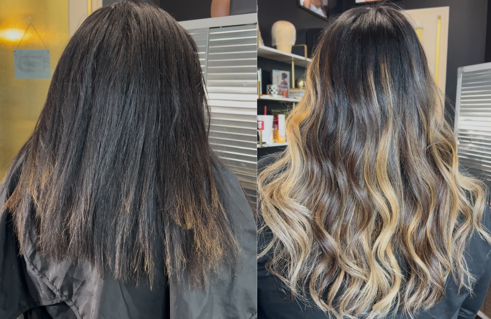 Before and after images of a woman's hair, showing a transformation from dark, straight, and slightly frizzy hair to long, wavy, blonde-highlighted hair.