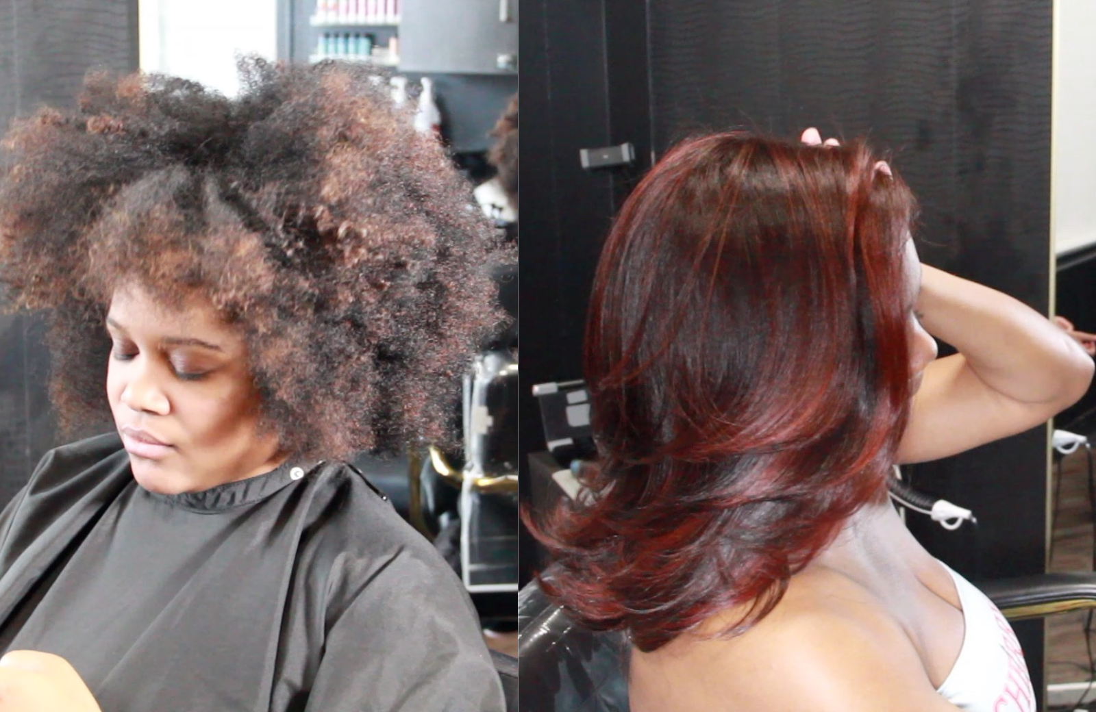 Side-by-side images of women after hair treatments: the left woman has curly, frizzy hair, and the right woman has smooth, shiny, straight red hair.