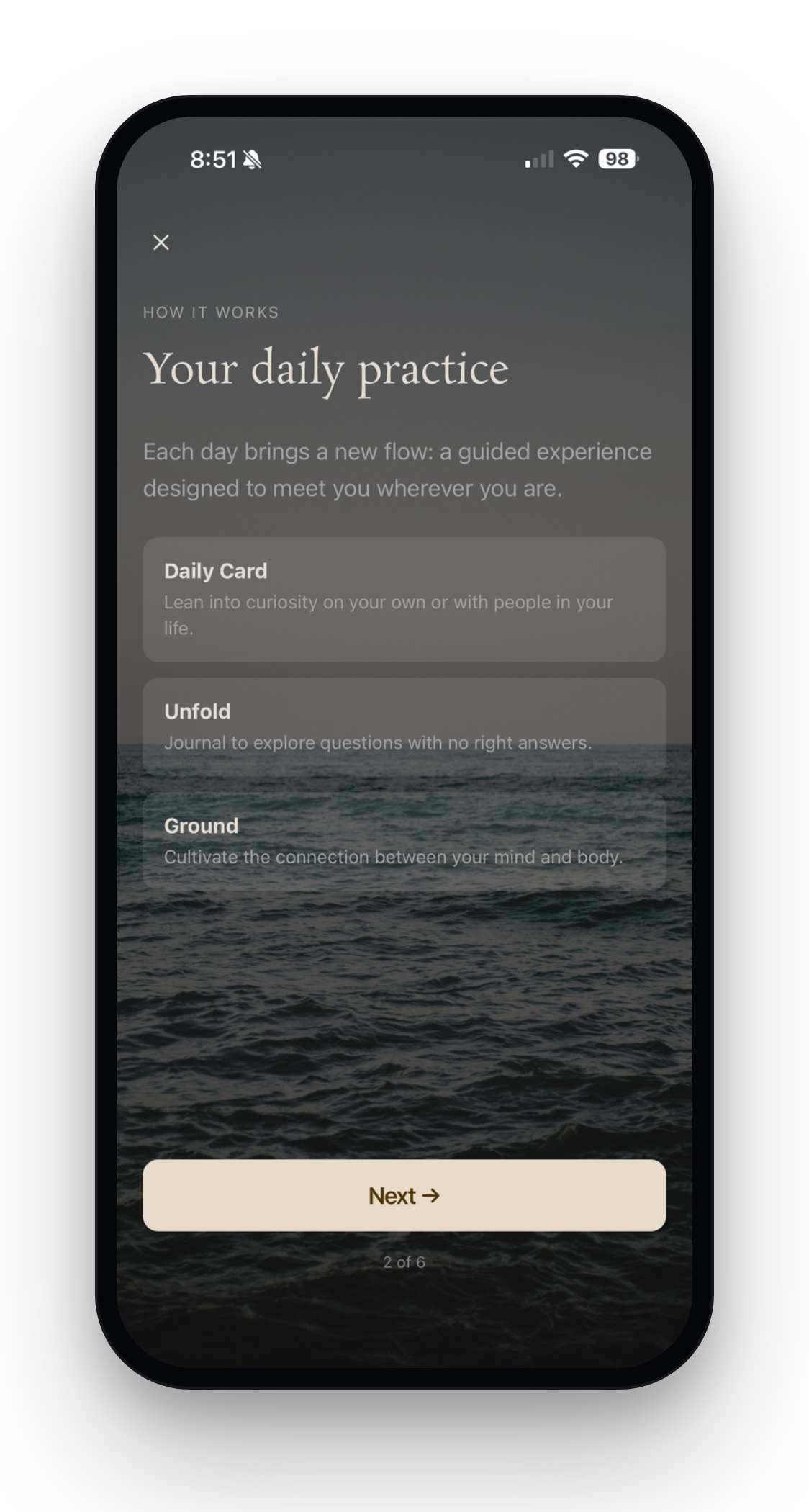 The Unfolding daily practice screen, showing Daily Card, Unfold, and Ground