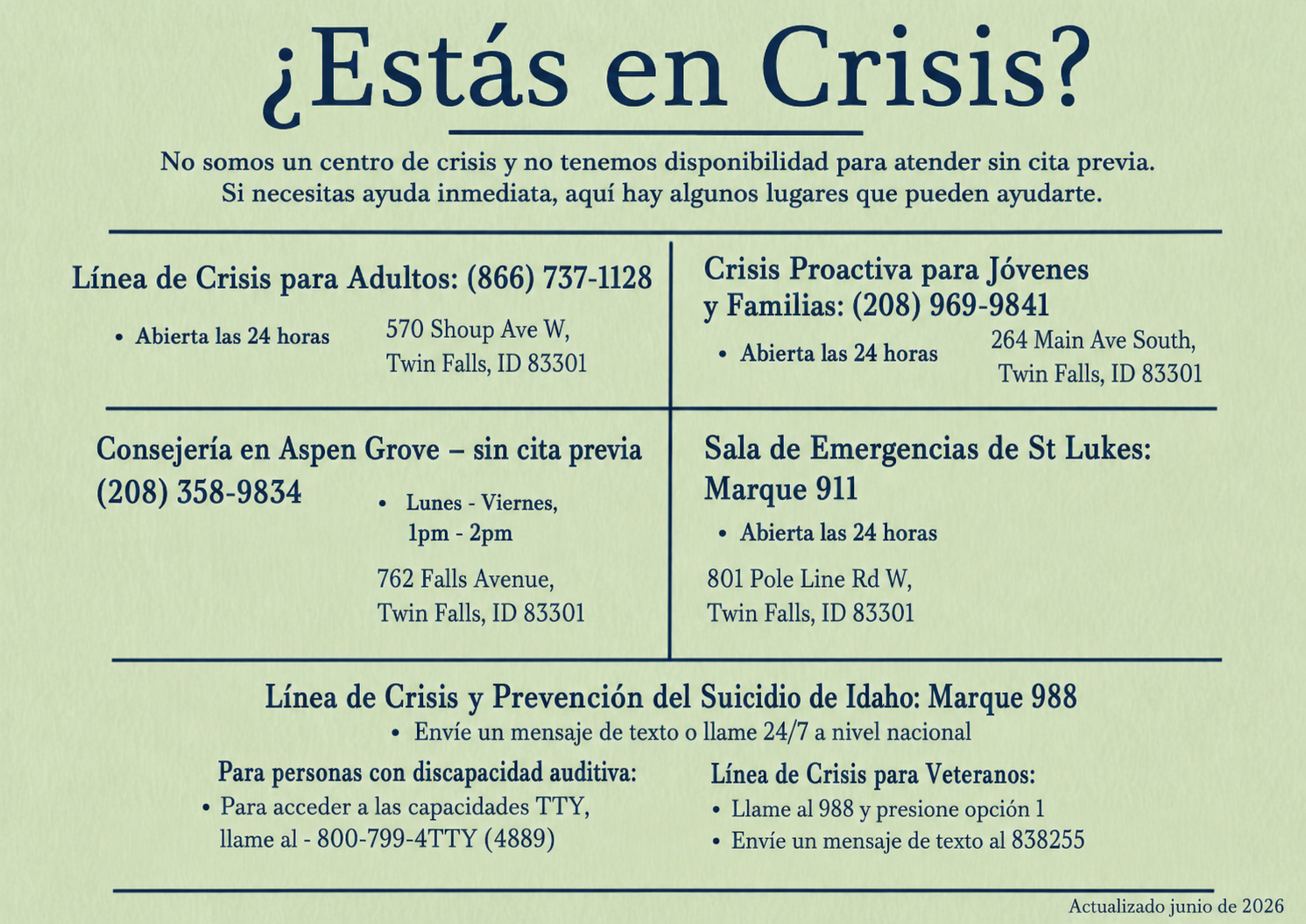 A Spanish-language flyer listing crisis and mental health resources in Twin Falls, Idaho, including hotlines, crisis centers, and emergency services, all available 24 hours.