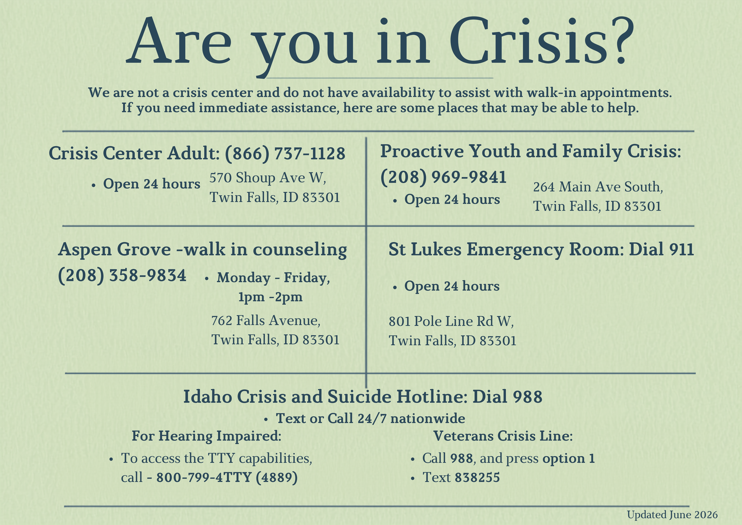Information poster with mental health crisis resources, including crisis center and crisis hotlines, for Twin Falls, Idaho.