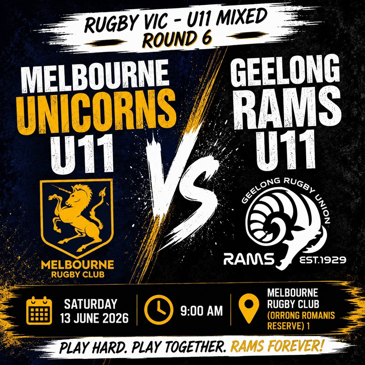 🏉 U11 MATCH DAY 🏉

The Geelong Rams U11s hit the road this Saturday for an exciting Round 6 clash against the Melbourne Unicorns.

Our U11s continue to show what being a Ram is all about &mdash; teamwork, resilience, sportsmanship, and having fun e
