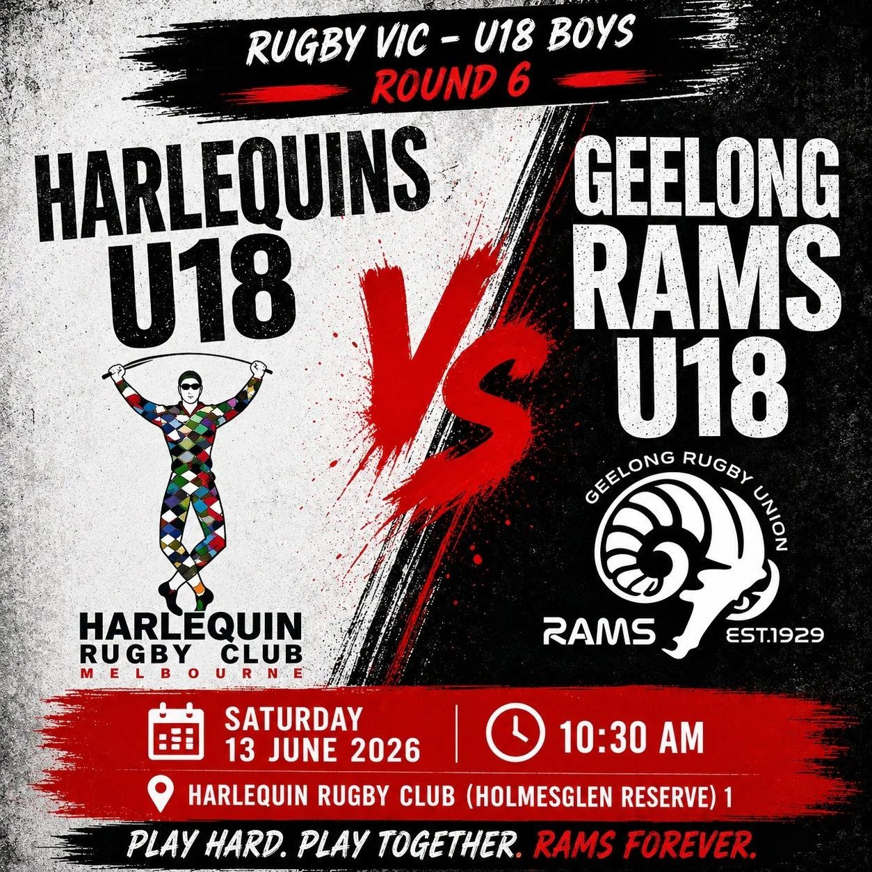 🏉 U18 MATCH DAY 🏉

The Geelong Rams U18s are back in action this Saturday as they travel to take on Harlequins in Round 6 of the Rugby Victoria U18 Boys competition.

After weeks of hard work on the training field, the boys are ready for another to