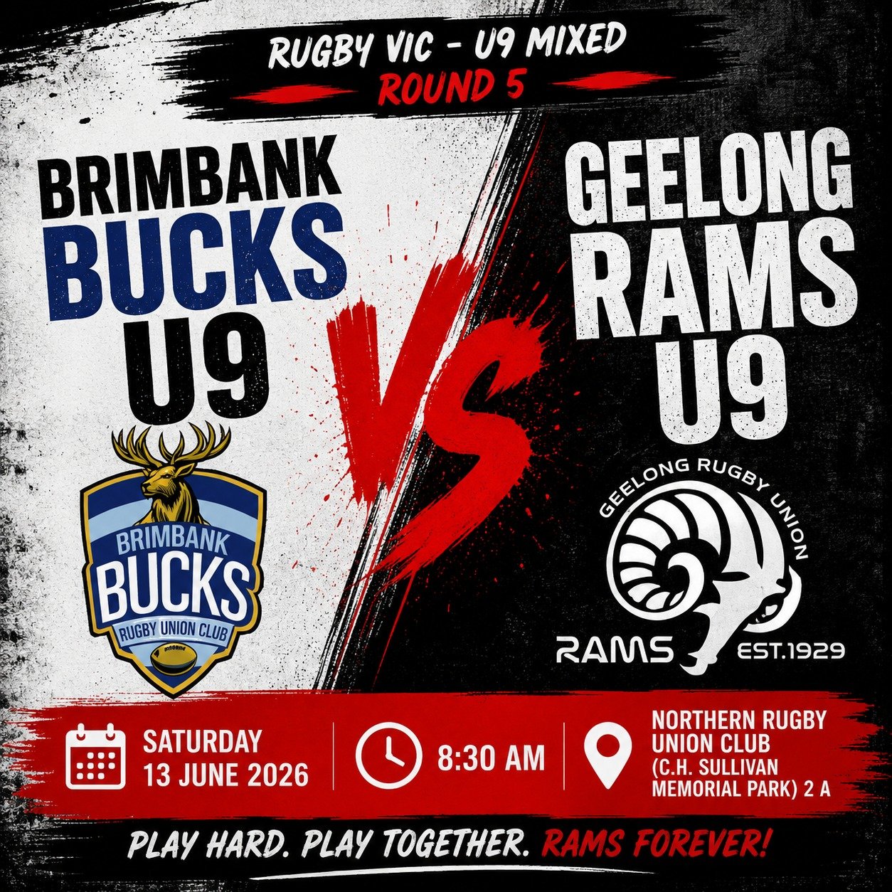 🏉 U9 MATCH DAY 🏉

It&rsquo;s an early start for our youngest Rams this Saturday as they take on the Brimbank Bucks in Round 5 of the Rugby Victoria U9 Mixed competition.

Every week these young players continue to impress with their courage, teamwo