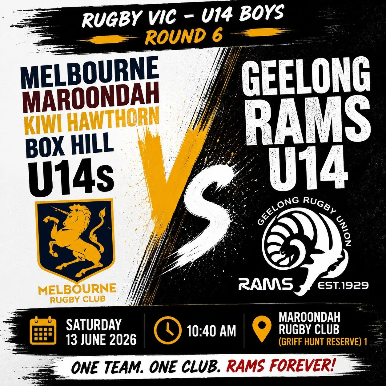 🏉 U14 MATCH DAY 🏉

Our Geelong Rams U14s are on the road again this Saturday as they take on a combined Melbourne / Maroondah / Kiwi Hawthorn / Box Hill side in Round 6 of the Rugby Victoria U14 Boys competition.

This group continues to grow every