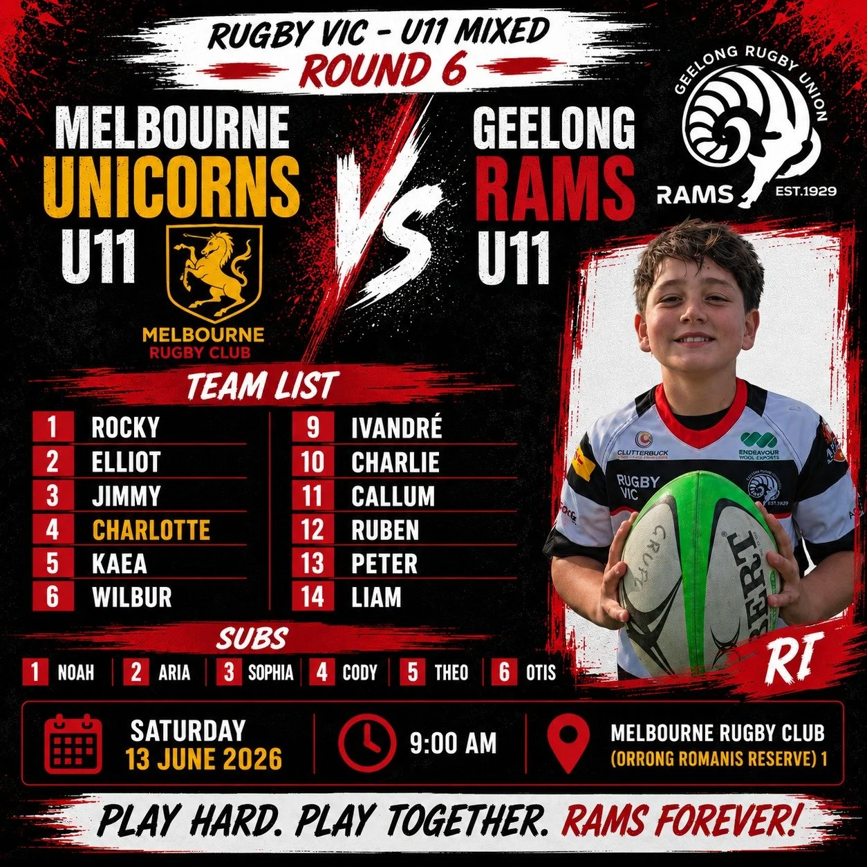 🏉 U11 MATCH DAY 🏉

The wait is over, Rams Family!

Our Geelong Rams U11s are on the road this Saturday as they head to Melbourne to take on the Melbourne Unicorns in Round 6 of the Rugby Victoria competition.

This group continues to show fantastic