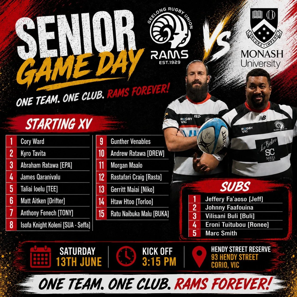🏉 SENIOR GAME DAY 🏉

The Rams return home this Saturday for what promises to be a huge clash against Monash University.

After a strong week on the training paddock, the boys are ready to defend home turf and put in an 80-minute performance built o