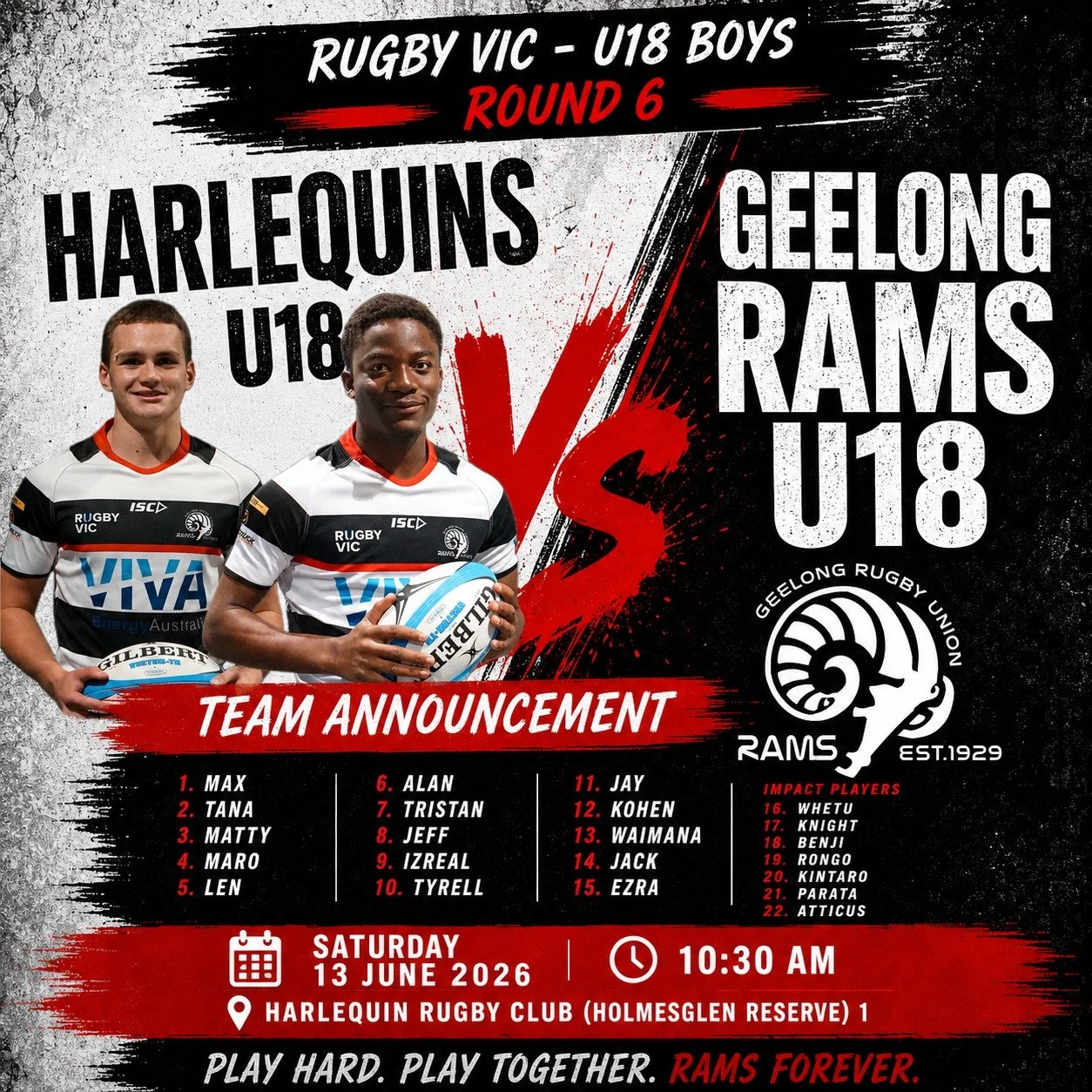 🏉 U18 TEAM ANNOUNCEMENT | ROUND 6 🏉

The team is locked in and ready for another huge challenge as we head to Melbourne to take on Harlequins Rugby Club this Saturday.

After a strong week of preparation, the boys are eager to pull on the Rams jers