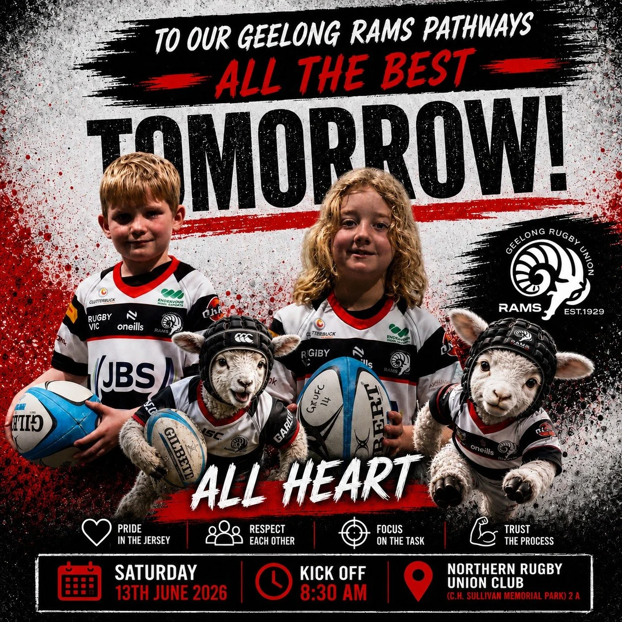 🏉❤️🖤 GEELONG RAMS PATHWAYS &ndash; ALL THE BEST TOMORROW! 🖤❤️🏉

Tomorrow our youngest Rams pull on the jersey and represent everything that makes our club special.

Pathways rugby is about so much more than wins and losses. It&rsquo;s about learn