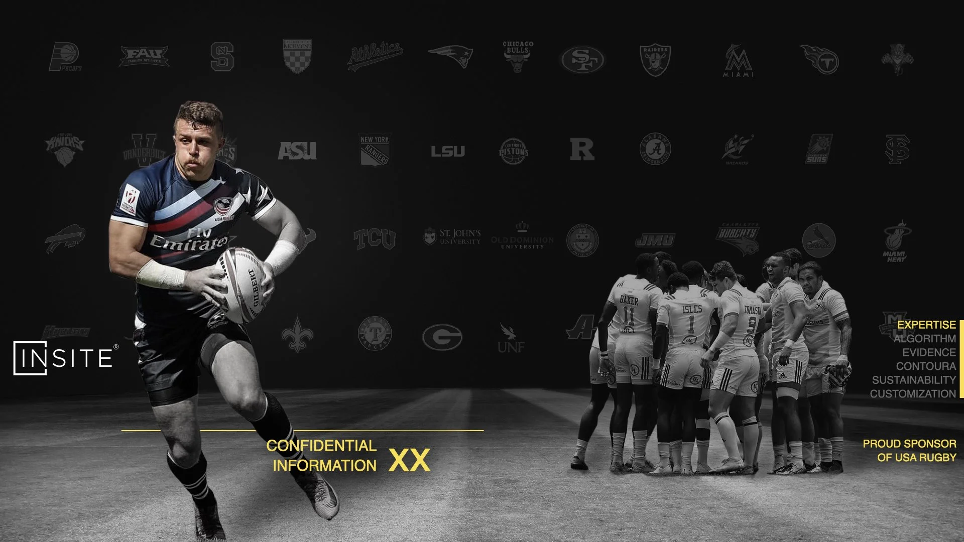 A rugby player in a US national team jersey holding a rugby ball, running on a field with a group of teammates standing together nearby. The background features logos of various sports teams and universities, with text overlays about confidentiality, expertise, and sponsorship.