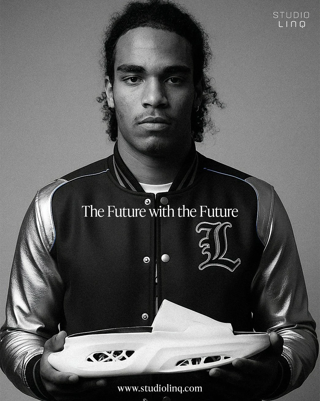 with long curly hair holding a white sneaker. He wears a varsity jacket with the phrase "The Future with the Future" and an embroidered letter "L." The logo "Studio Linq" appears in the top right corner, and the website "www.studiolinq.com" is at the bottom.