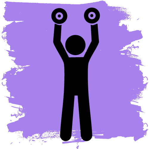 Elderly person staying active at home. Stick figure lifting weights on purple background