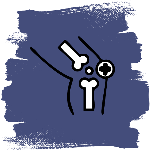 Illustration of knee joint strengthening with a medical cross symbol on a blue background.