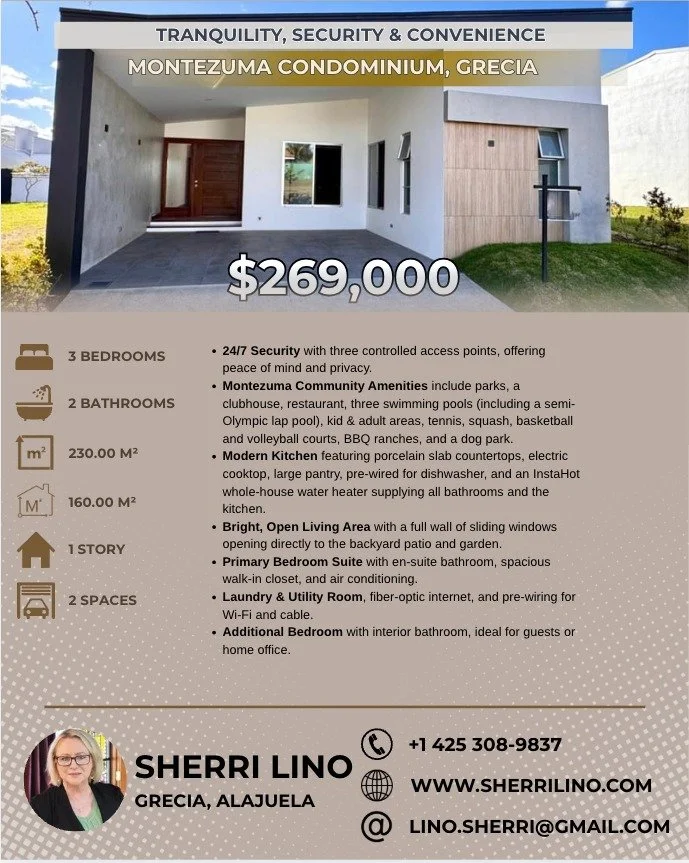 New on the Market!!

https://remax-centralamerica.com/costa-rica/grecia/tranquilit-400274334002.

New Construction (2026) at the Coveted Condominio Montezuma. Enjoy a peaceful, nature filled community ideal for families, retirees &amp; expats seeking