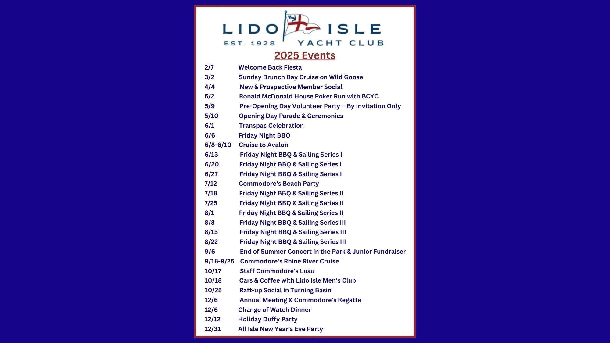 Social Calendar — Lido Isle Yacht Club