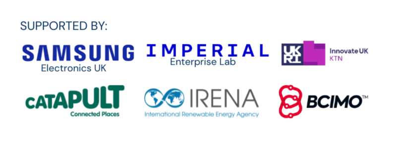 Logos of supporting organisations: Samsung, Imperial, Innovate UK, Connected Places Catapult, IRENA, and BCIMO.