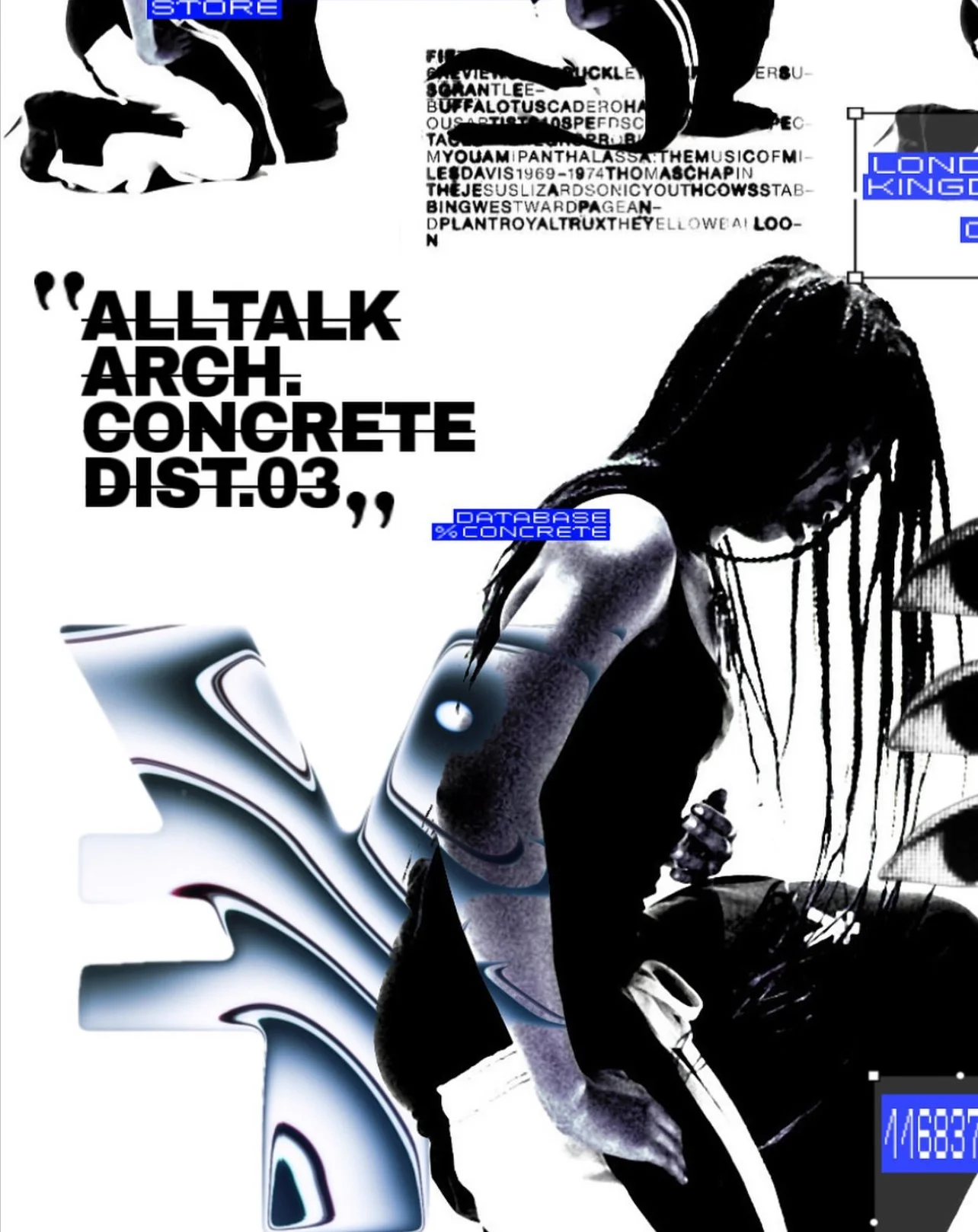 Abstract digital artwork featuring a person with dreadlocks looking downward, with bold text and graphic elements in black, white, and blue, including phrases like 'ALLTALK ARCHITECTURE', 'DATABASE %CONCRETE', and 'STORE'.