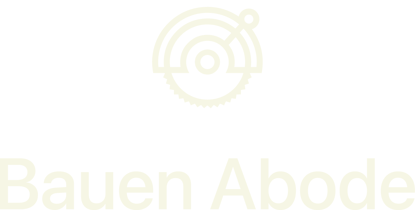Logo with a stylized rainbow and gear icon above the text "Bauen Abode" in large font.