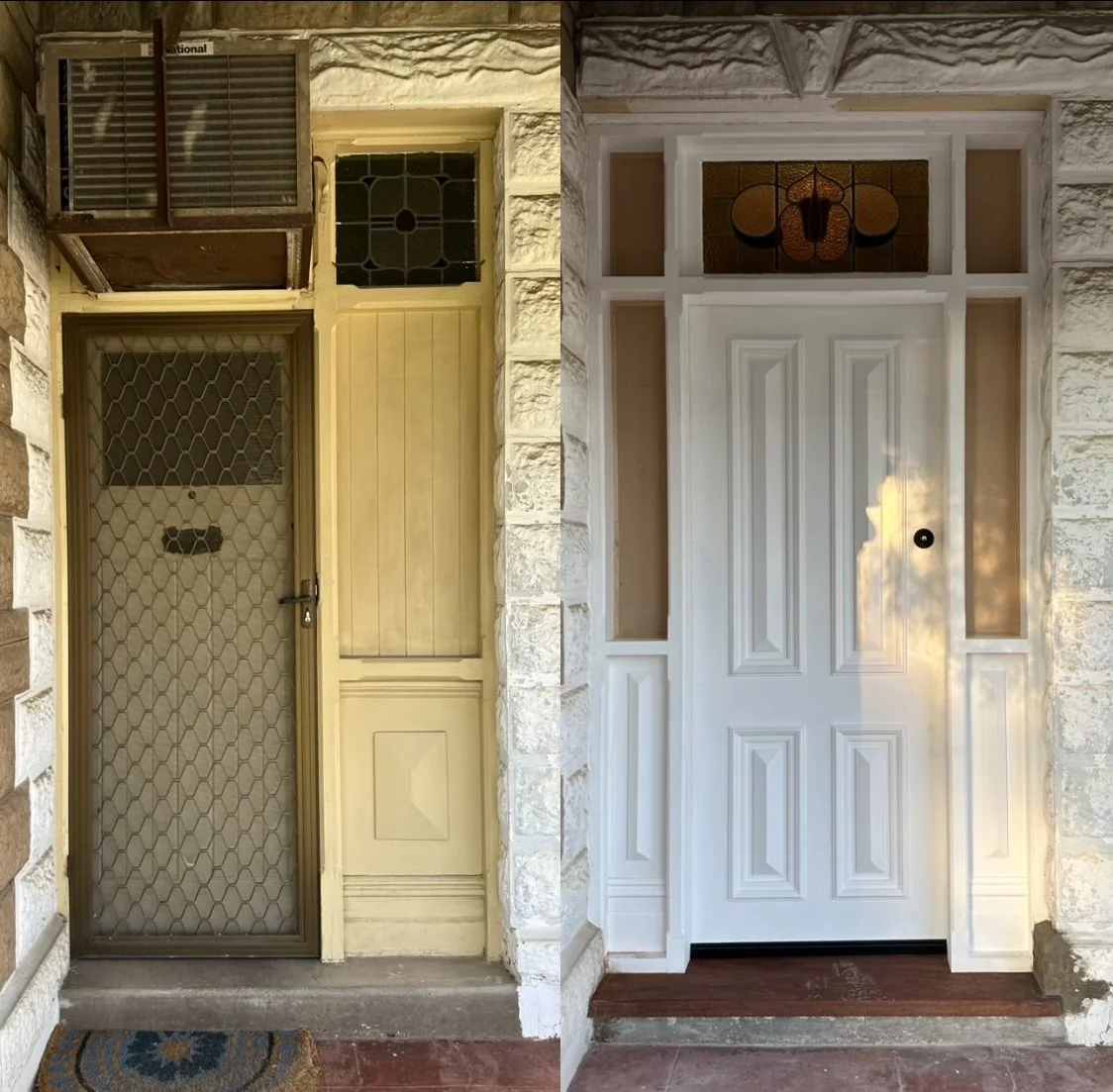 Comparison of two front doors with white painted walls and brick surrounds, one old with a metal screen and the other new with detailed molding, both featuring stained glass transom windows.