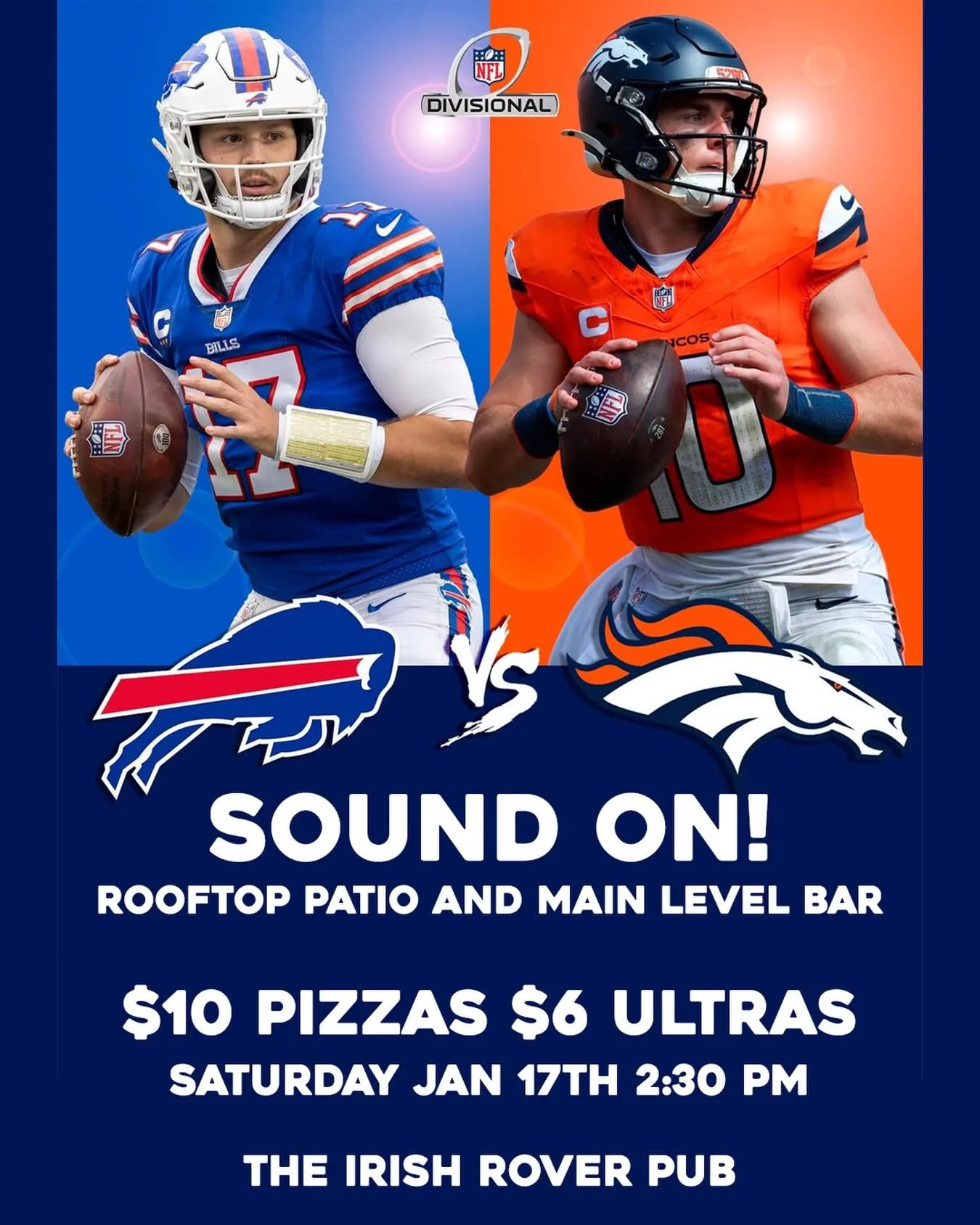 Broncos vs. Bills this Saturday at 2:30 PM! $10 Pizzas and $6 Ultras all day long. Sound on at both bars. 21+ #DenverBroncos #NFL #football #playoffs