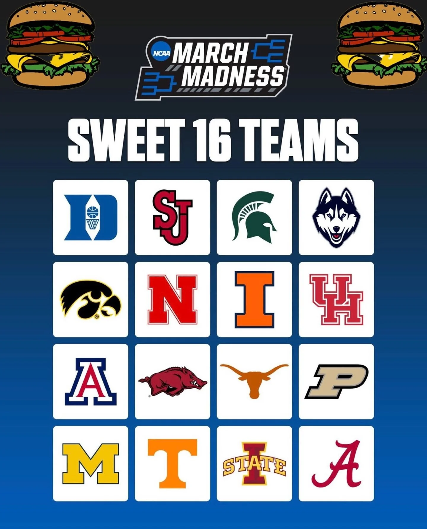 This Thursday we will have Half Price Burgers All Night for the start of the Sweet 16!!!

The 1st game starts at 5:10pm and our Happy Hour goes till 7pm!

🍺🏀🍔