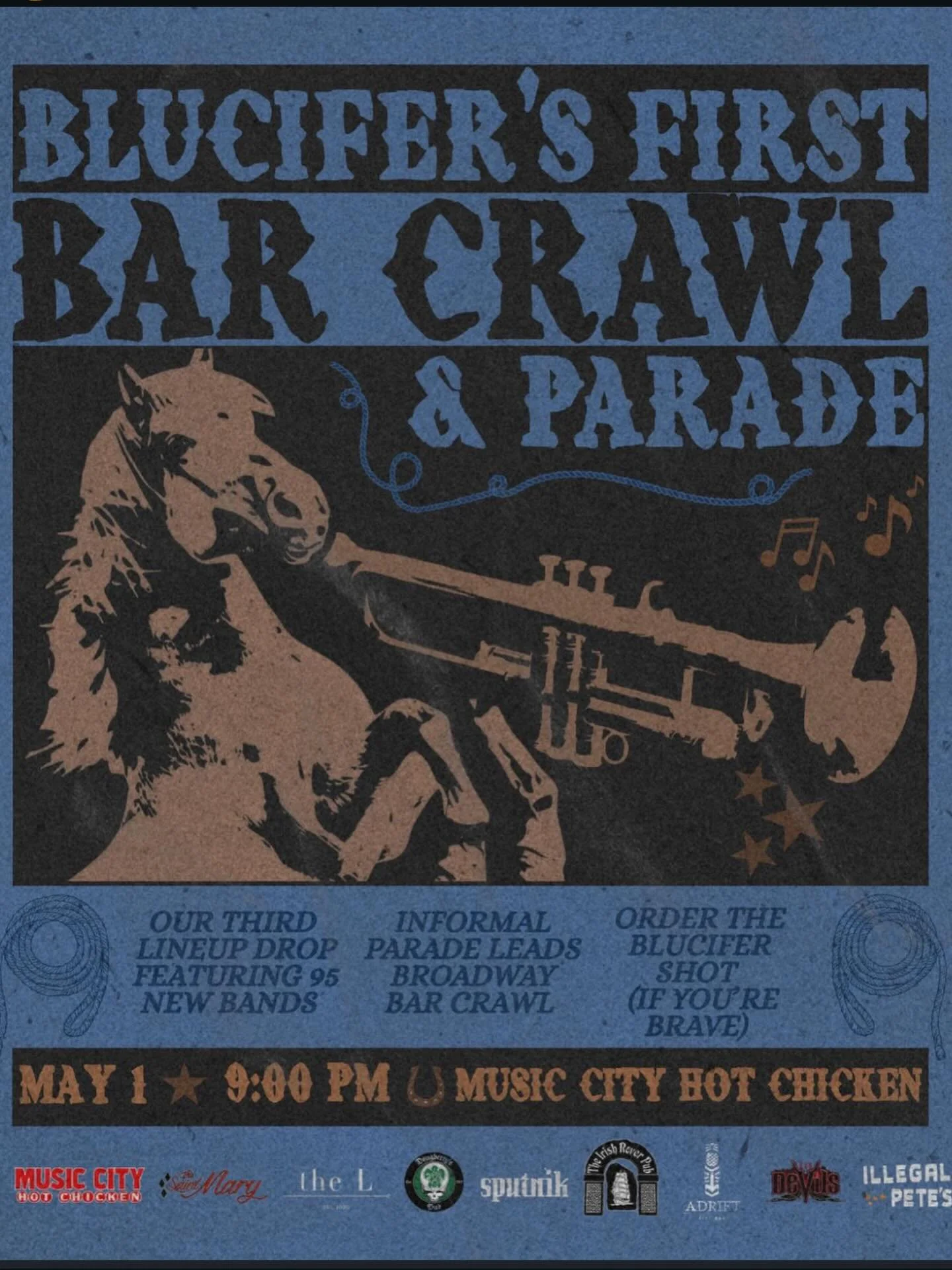 Blucifer Bar Crawl Tonight! Join the crawl and get posters for the next festival line up. #blucifermusicfest #blucifer #barcrawl