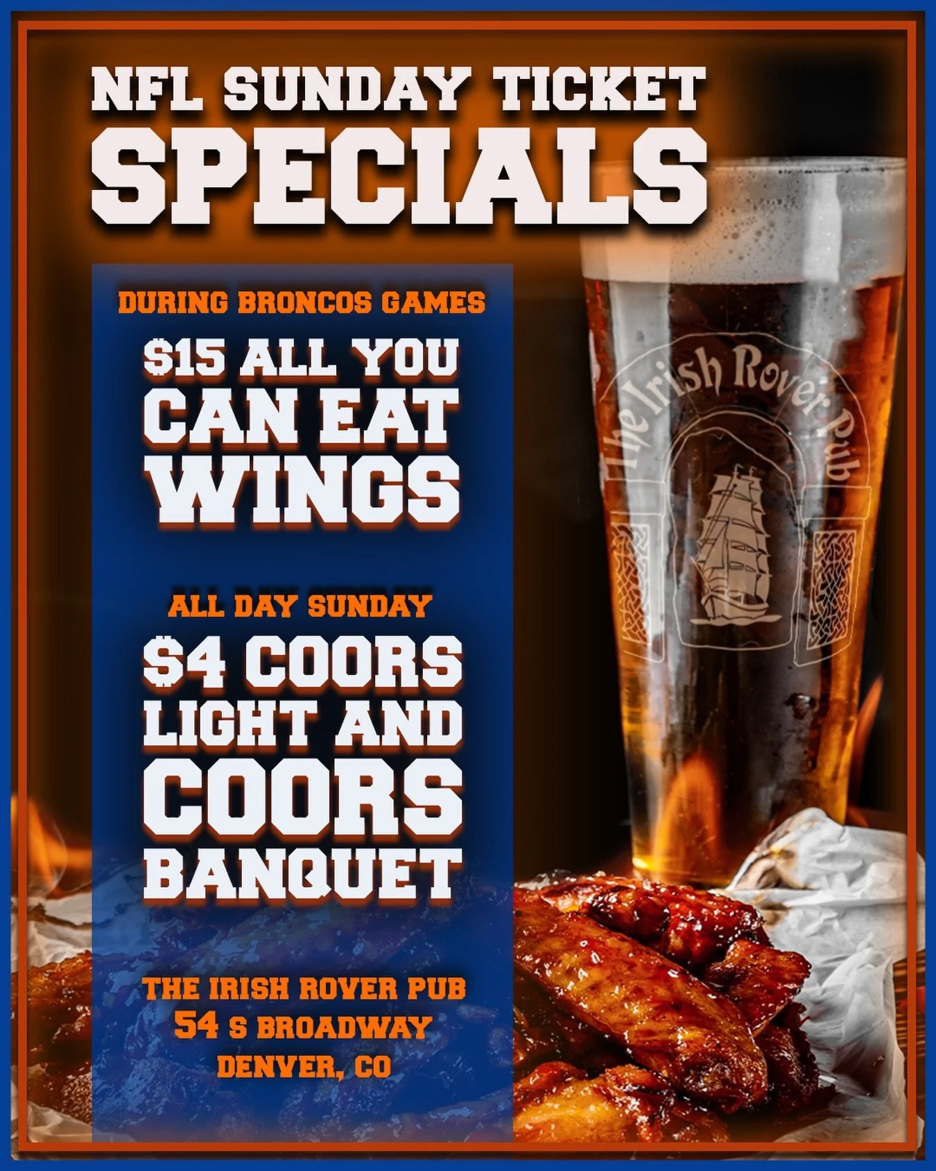 Starting this week! $15 All You Can Eat Wings during Broncos games. $4 Coors light and Coors Banquet drafts all day on Sundays. #Sundayticket #football #rooftoppatio #coors