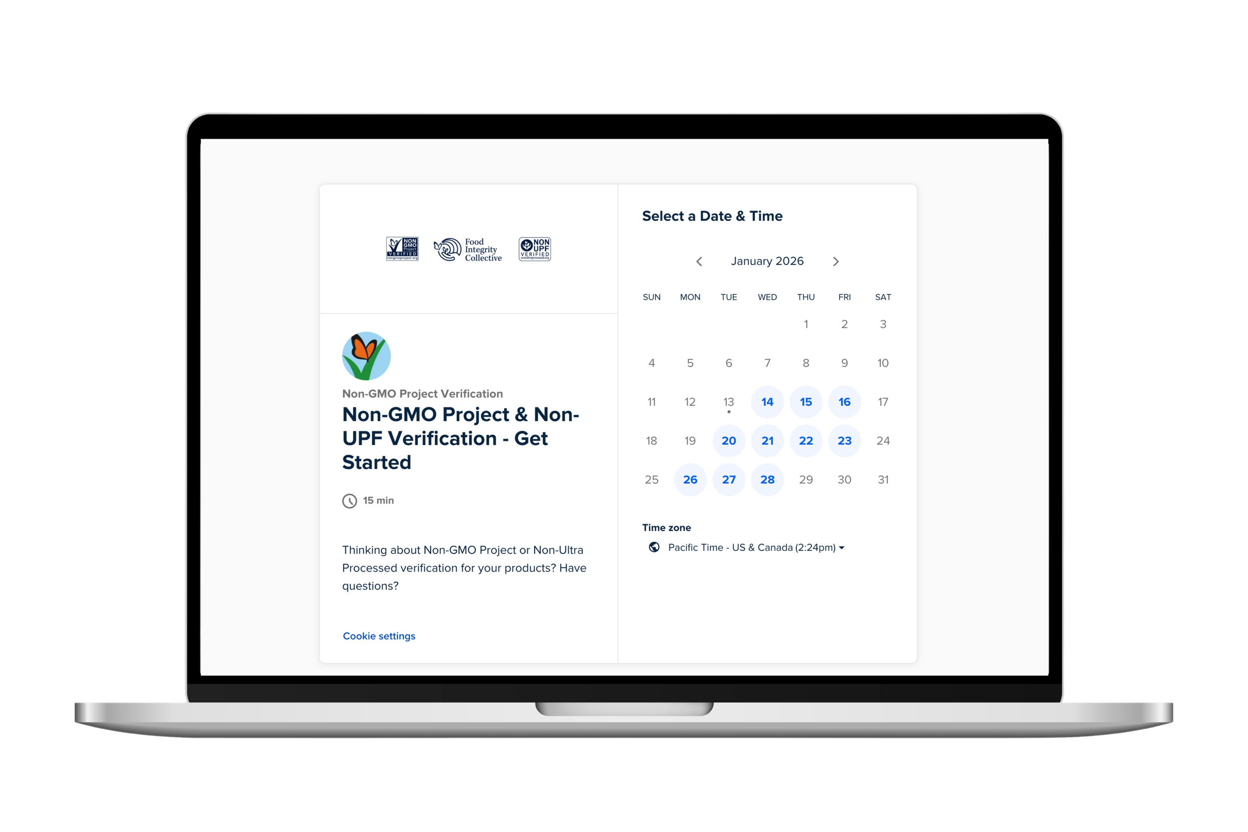 Calendly schedule a meeting with Non-UPF Verified mockup on Mac