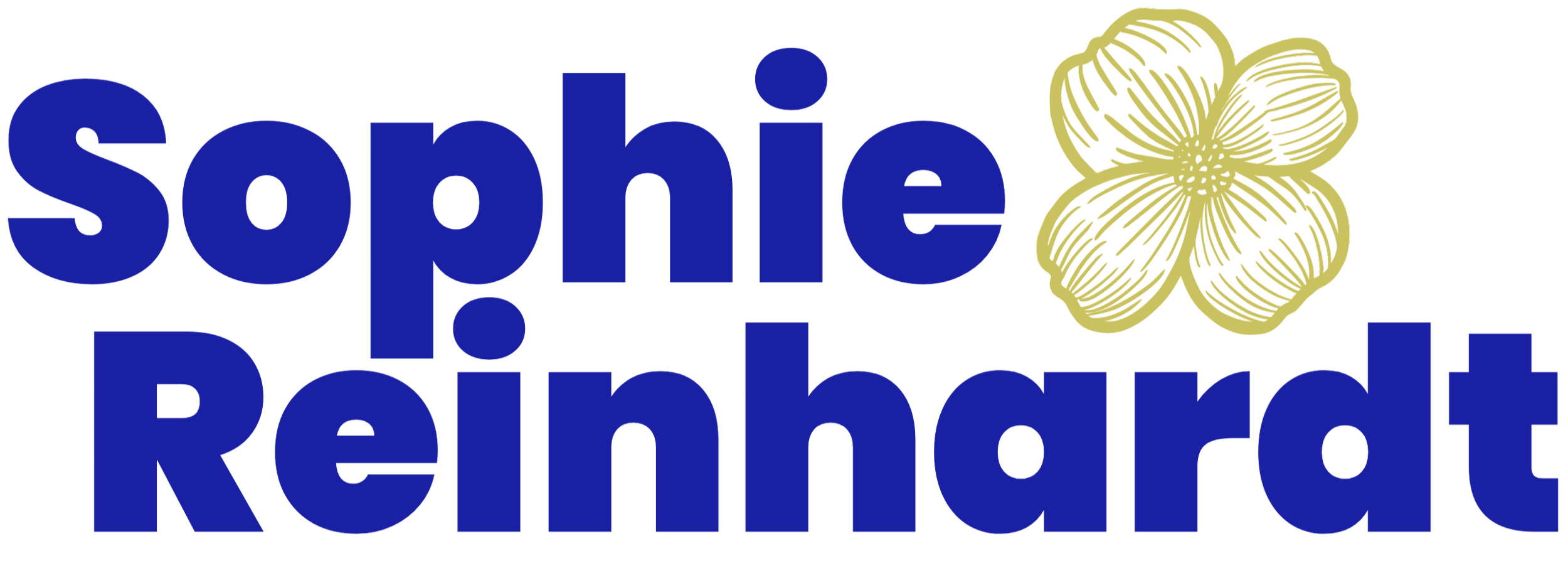 Logo for Sophie Reinbold featuring blue text and a gold flower illustration.