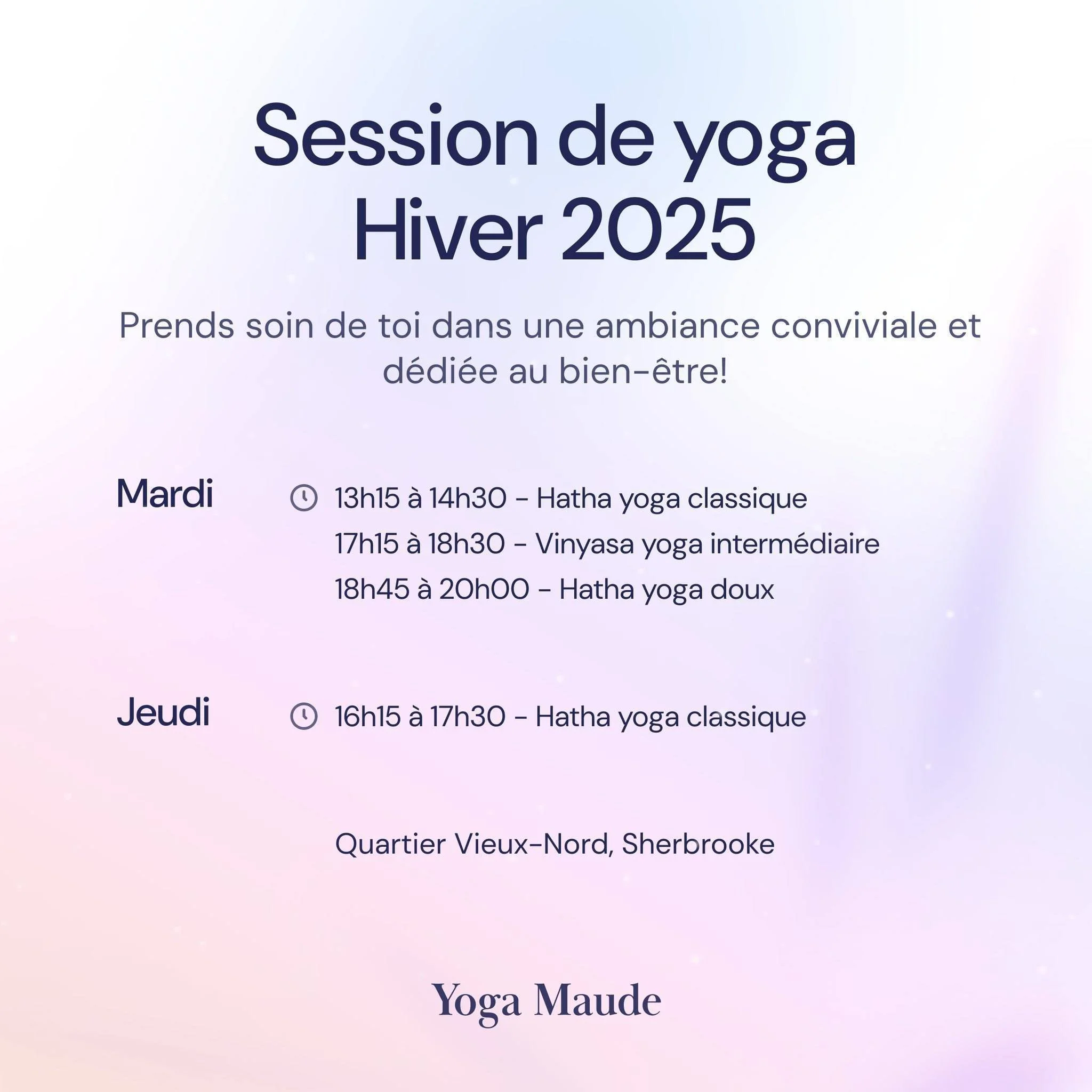 Les inscriptions pour la session de yoga de l&rsquo;hiver 2025 sont lanc&eacute;es! 🎉 ❄️ 

La saison froide prend tranquillement sa place, la beaut&eacute; des flocons scintillants nous &eacute;blouit. La fra&icirc;cheur nous invite parfois &agrave;