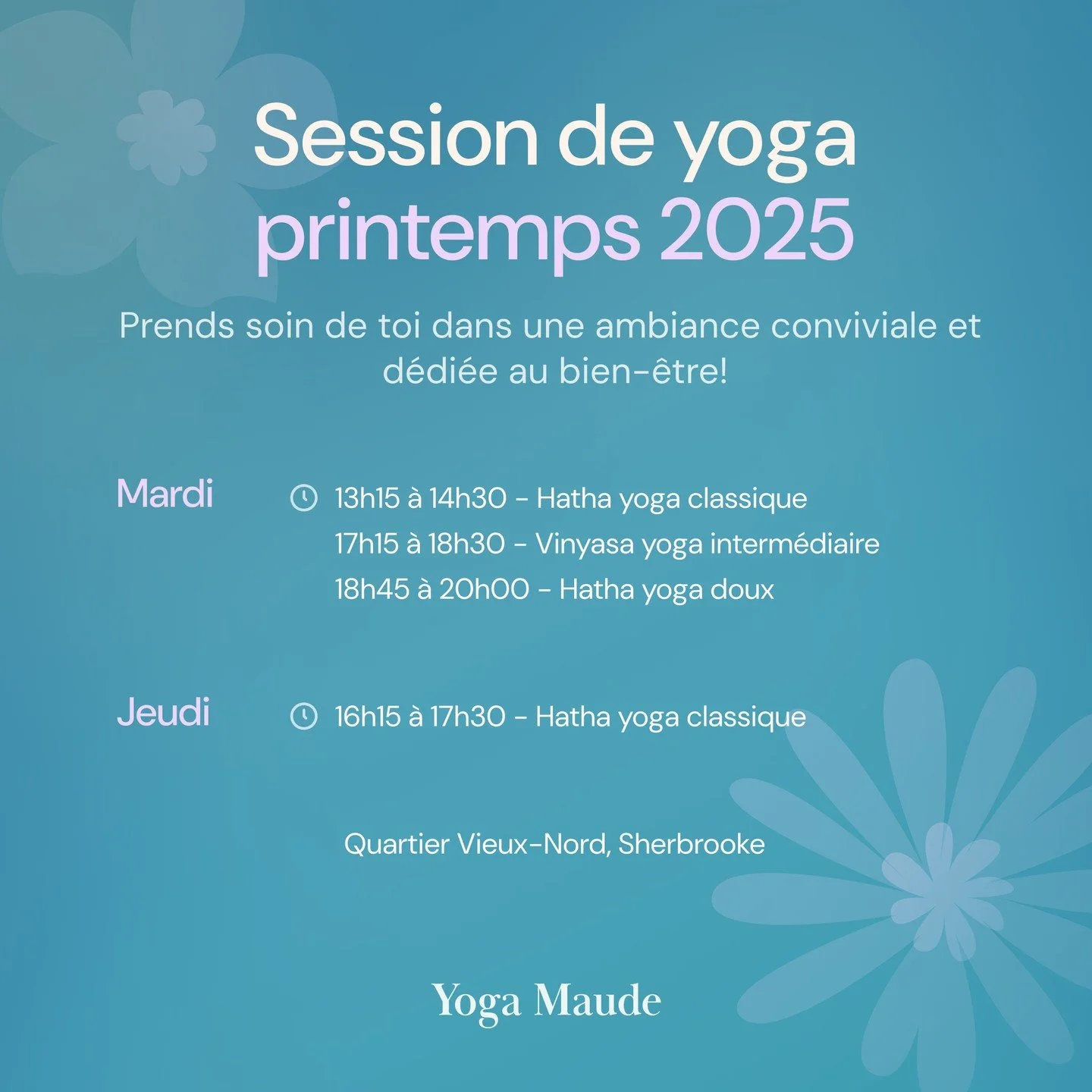 Les inscriptions pour la session de yoga printemps 2025 sont lanc&eacute;es! 🎉🌷

C&rsquo;est le m&ecirc;me horaire qu&rsquo;&agrave; l&rsquo;hiver, mais la session est un peu plus courte. Un beau 8 semaines pour continuer &agrave; explorer les post