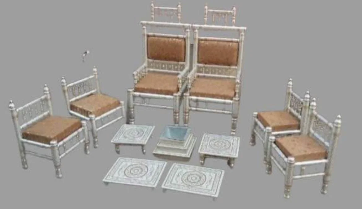 Sankheda Set includes 2 big chairs, 4 small chairs, havan kund and 4 tables. Cushions available in red or beige colors.