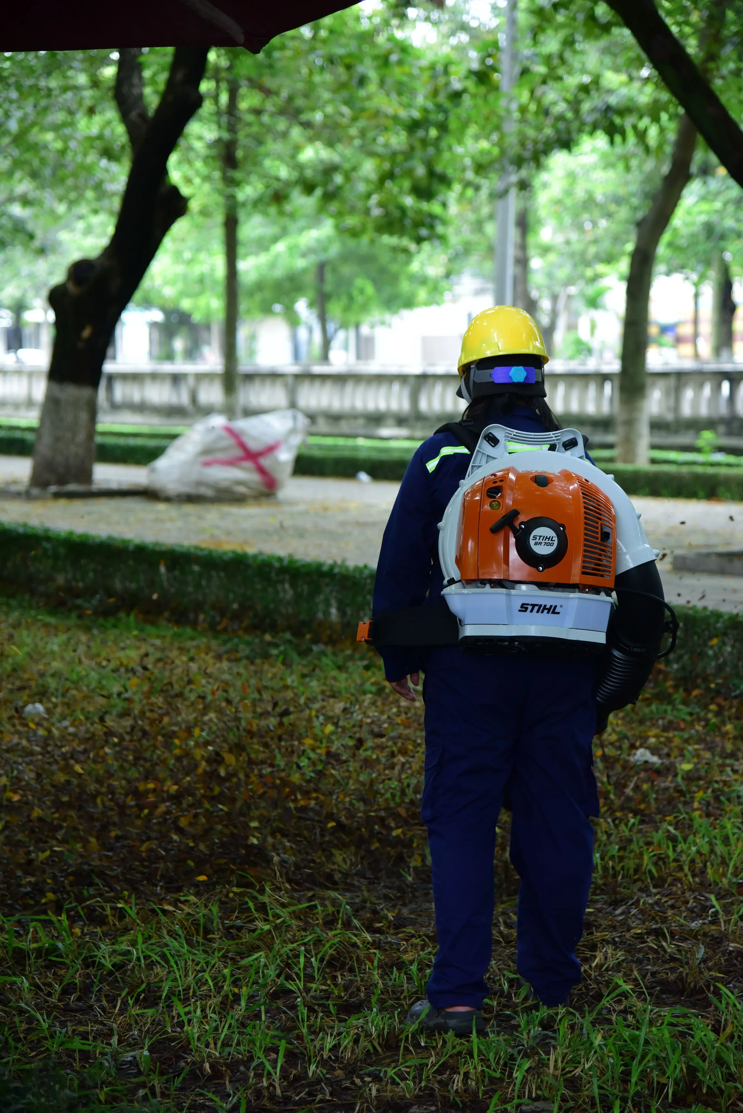 Leaf removal technician with commercial-grade backpack blower clearing a property grounds in New Haven County, CT