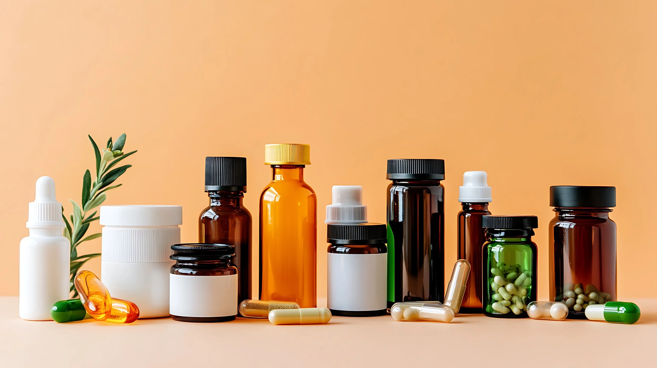Assorted medicine bottles and capsules on a light orange surface with a small green plant.