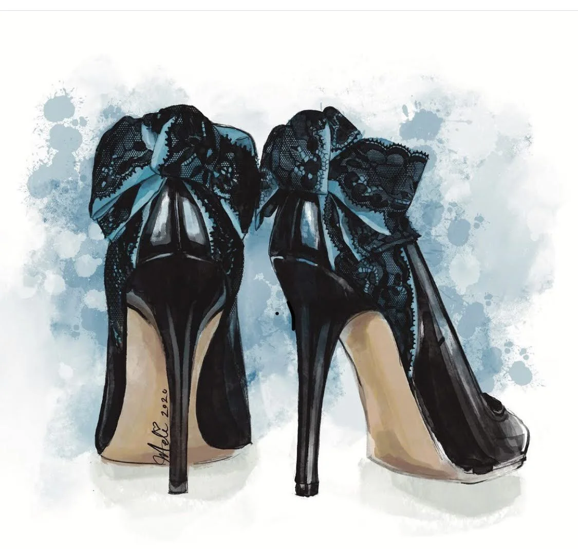 Illustration of black high heels with lace and bow on blue watercolor background.