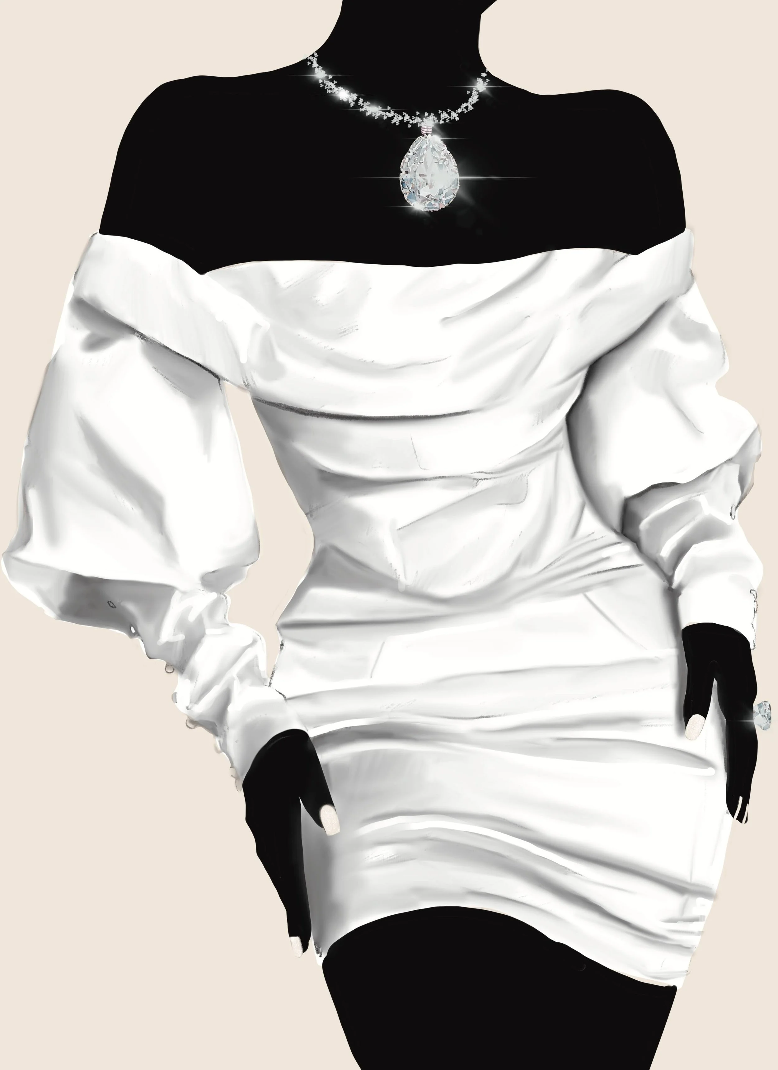 Illustration of a person in an off-shoulder white dress with a sparkling necklace and ring, set against a neutral background.