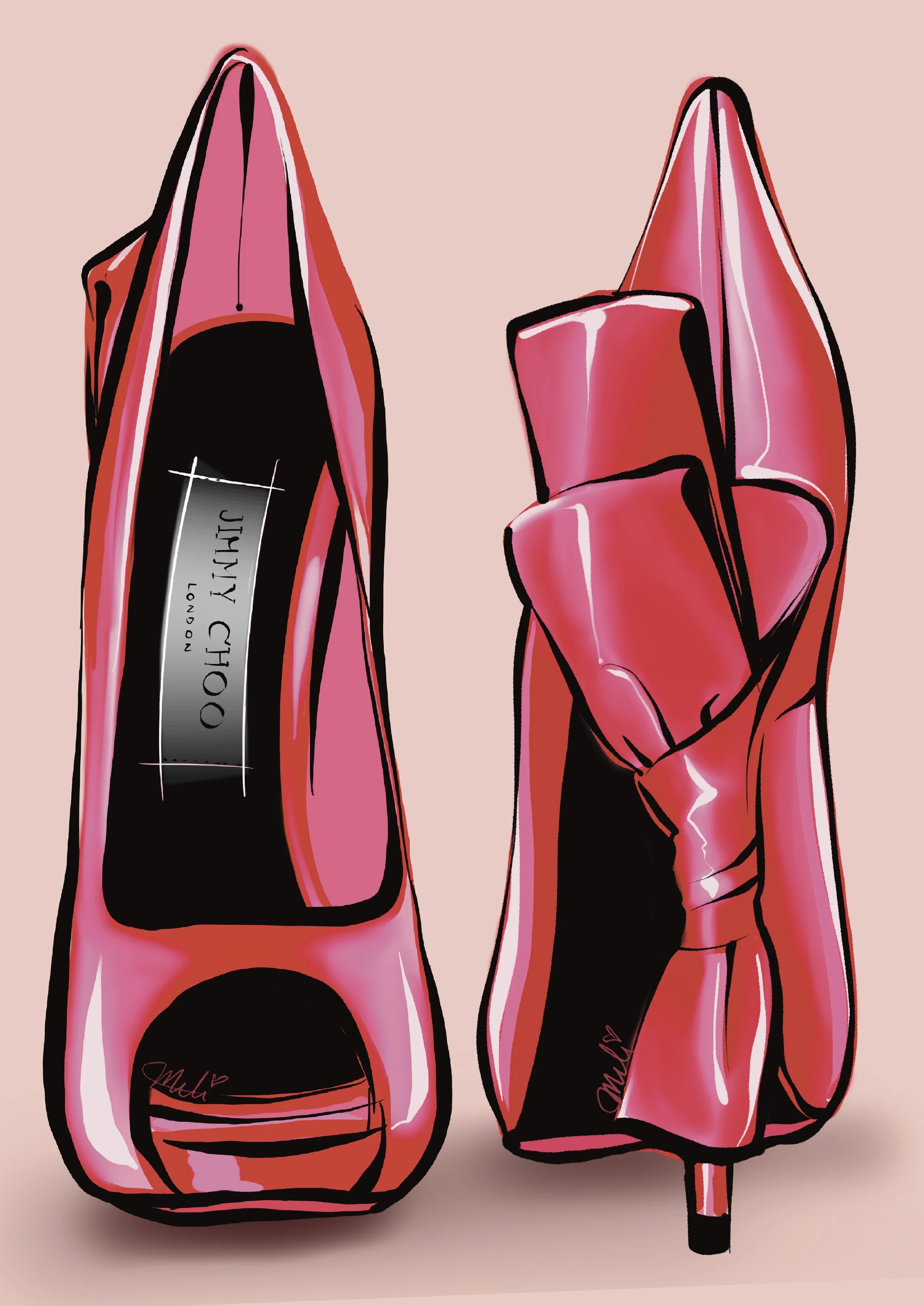 Illustration of pink high-heeled shoes featuring a bow detail and "Jimmy Choo" branding.