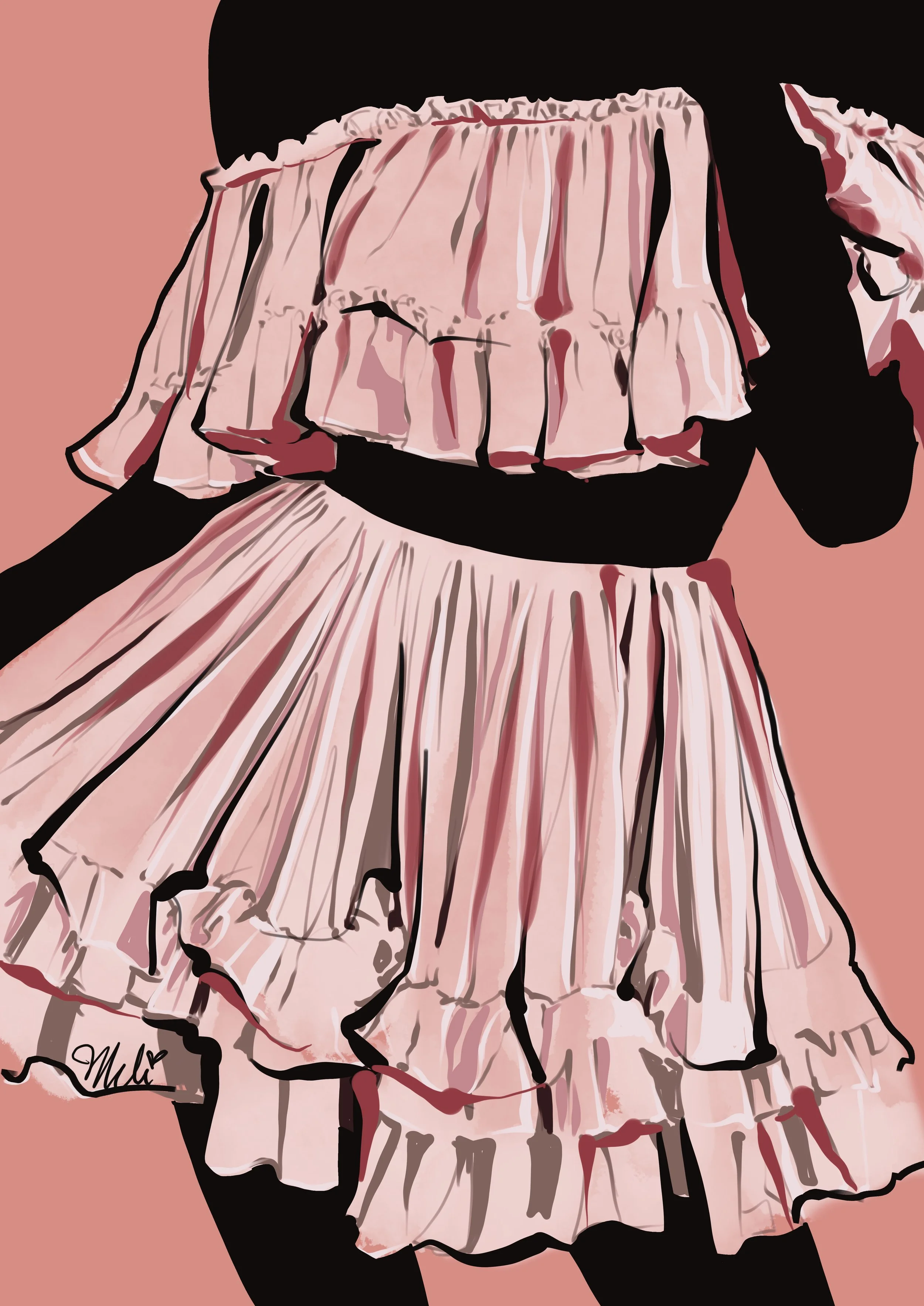 Illustration of a ruffled off-the-shoulder top and skirt in pastel pink against a peach background.