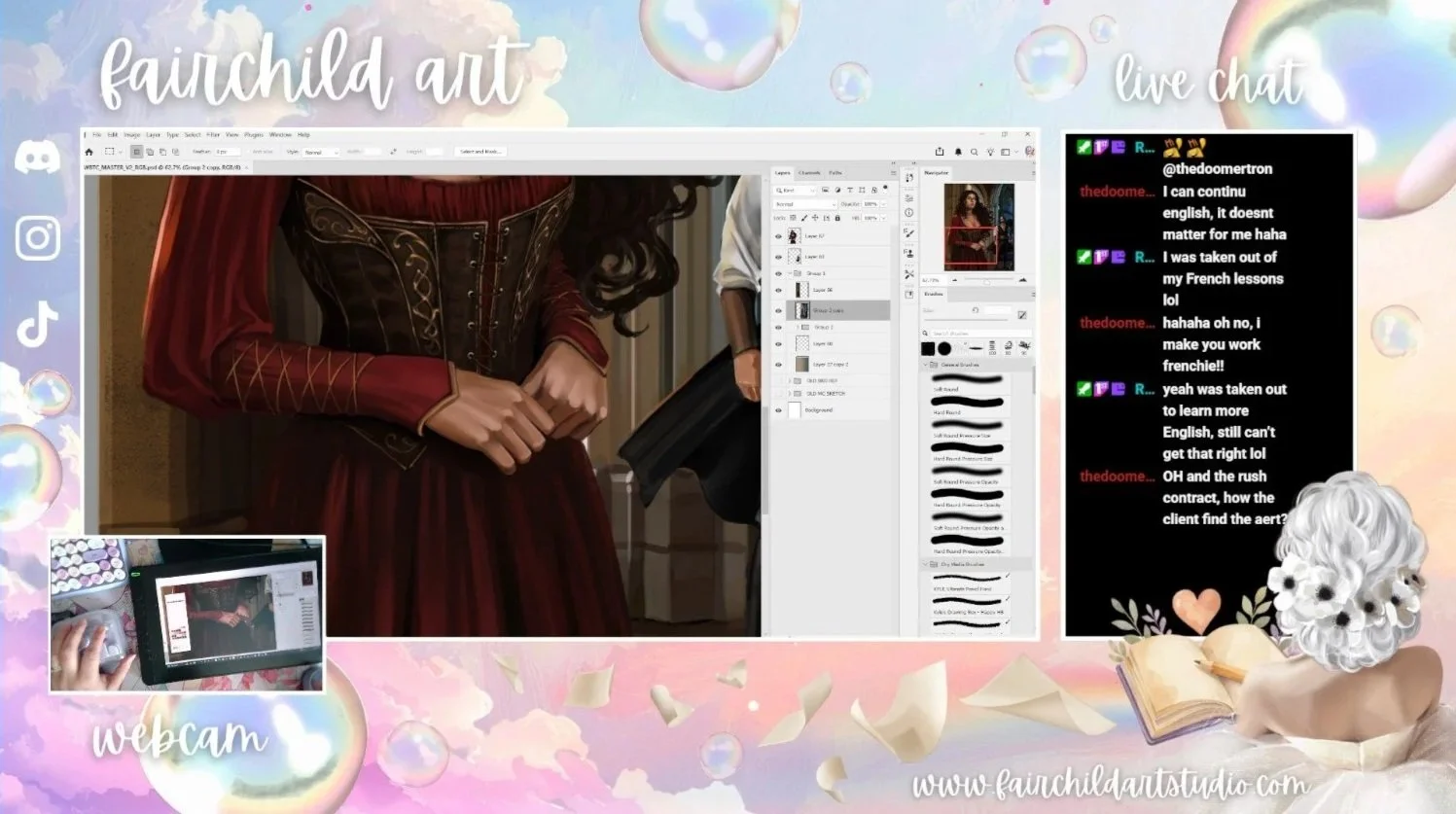 A digital artwork being created on a computer screen, showing a person dressed in a medieval or fantasy style red and black dress. There is a live chat on the right side of the screen and a small inset showing a person working on a tablet in the bottom left corner. The background has pastel clouds, bubbles, and flowers with the text "fairchild art" and "webcam".