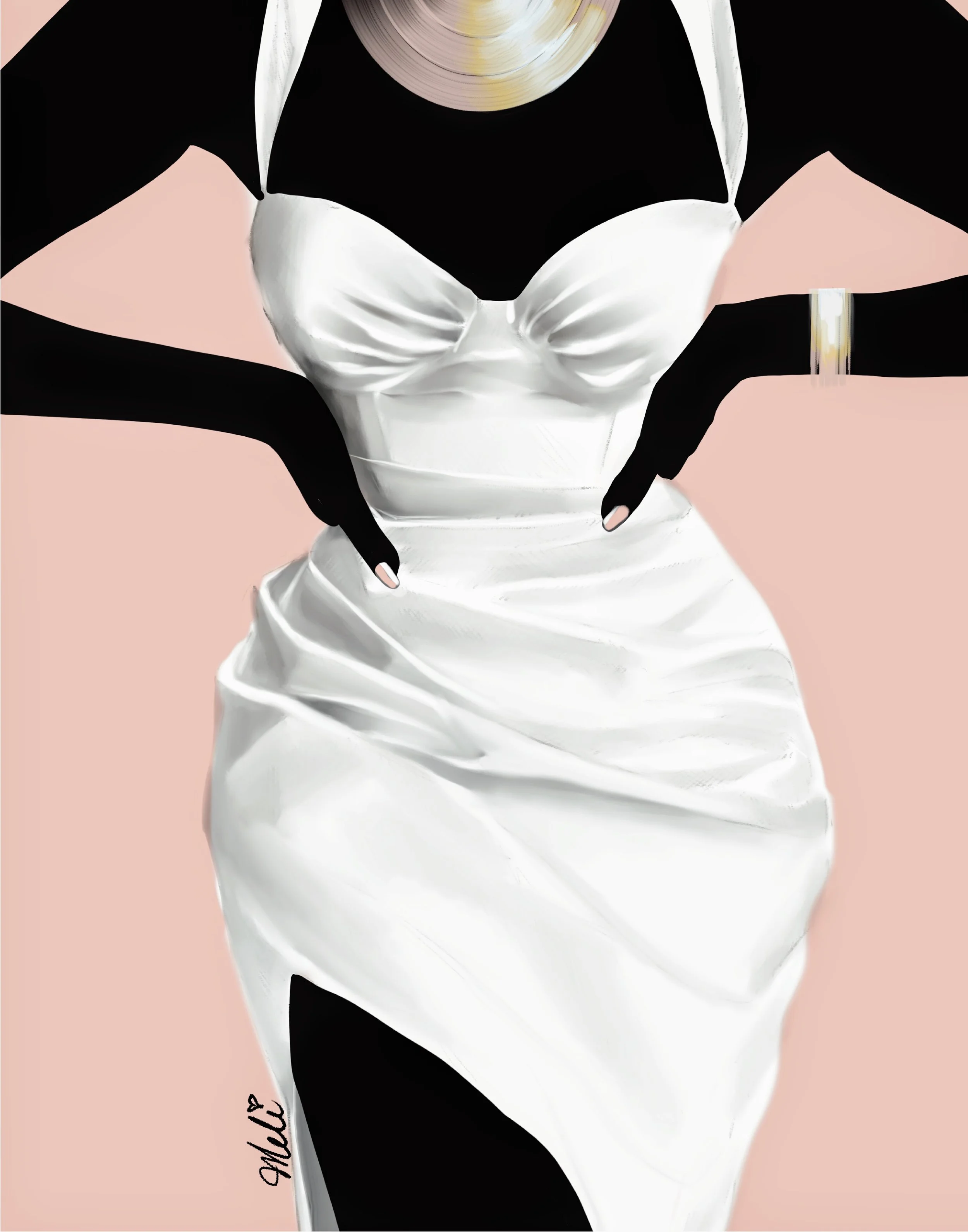 Illustration of a person in a form-fitting white dress