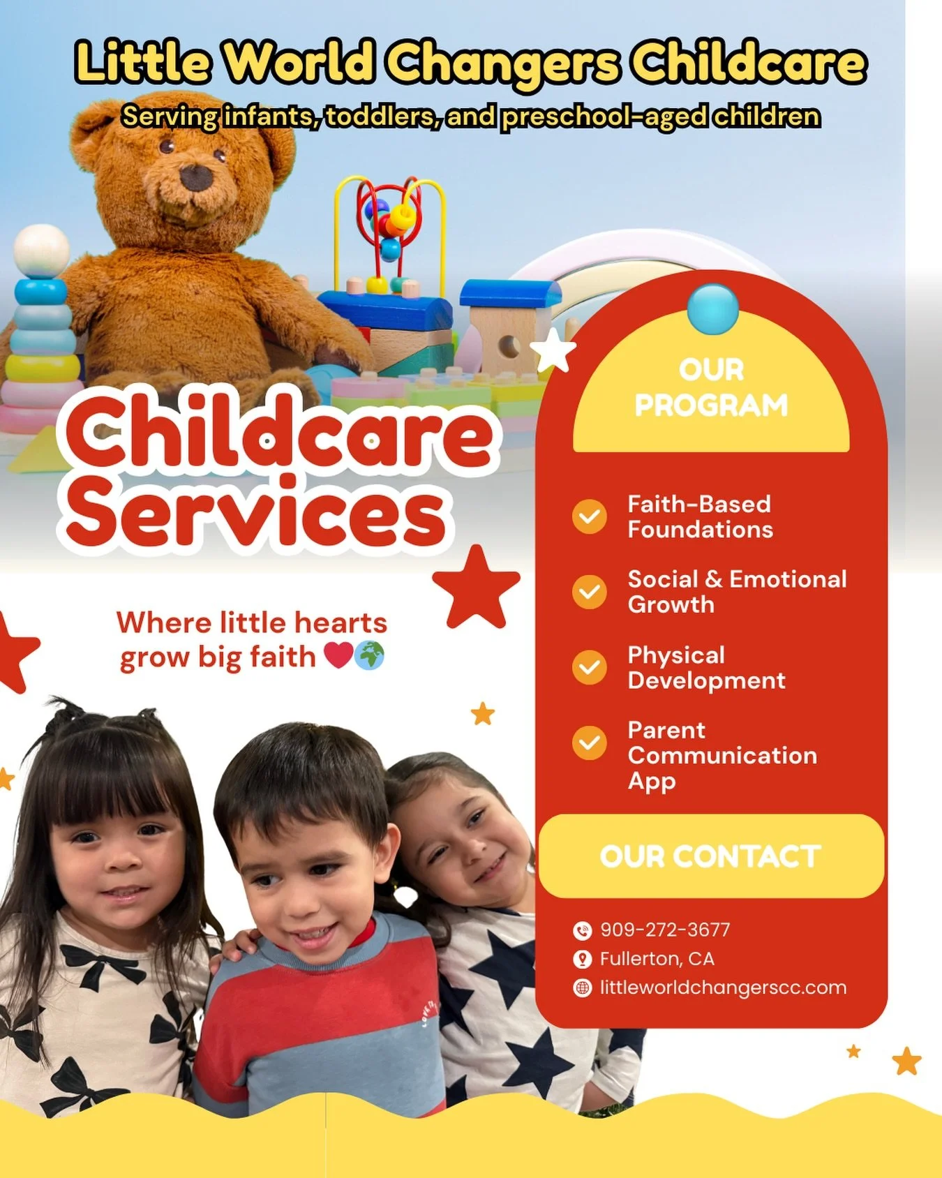 ✨ NOW ENROLLING ✨
Little World Changers Childcare 🤍

Loving, faith-centered care for infants through 5 years old 🌱
A safe, nurturing environment where little hearts grow and parents have peace of mind 👶❤️

🍎 Meals &amp; snacks provided
📲 Daily u