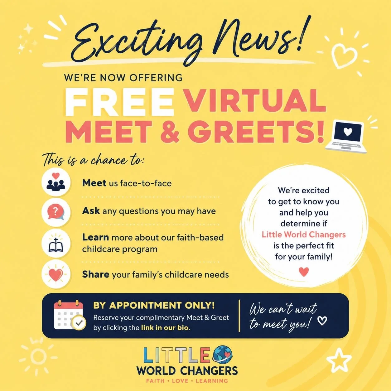 ✨ BIG NEWS! ✨

Choosing childcare is one of the biggest decisions you&rsquo;ll make for your little one, and we want you to feel confident every step of the way. 💛

That&rsquo;s why Little World Changers is now offering FREE Virtual Meet &amp; Greet
