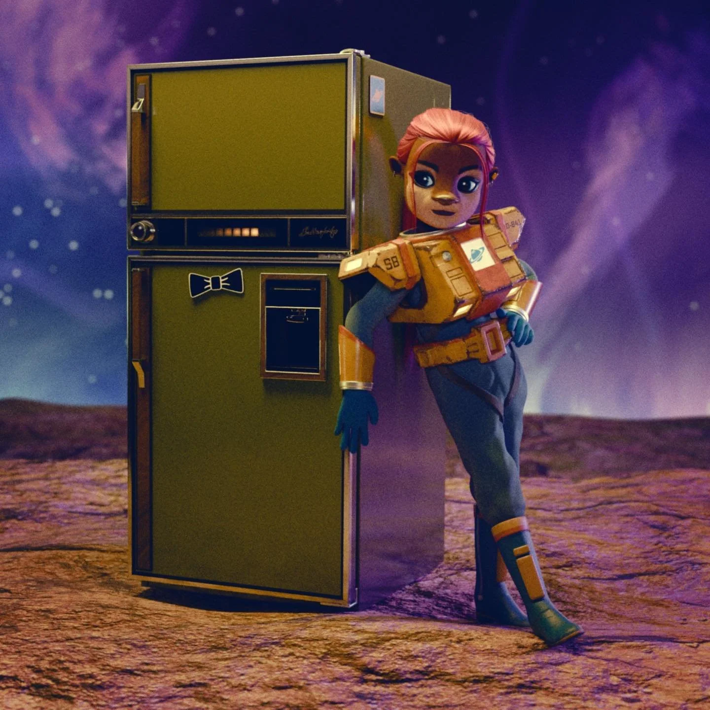 Concept artwork of interstellar food courier (and teenage dirtbag) Taro Otter with her childhood fridge Iso Butterfridge.