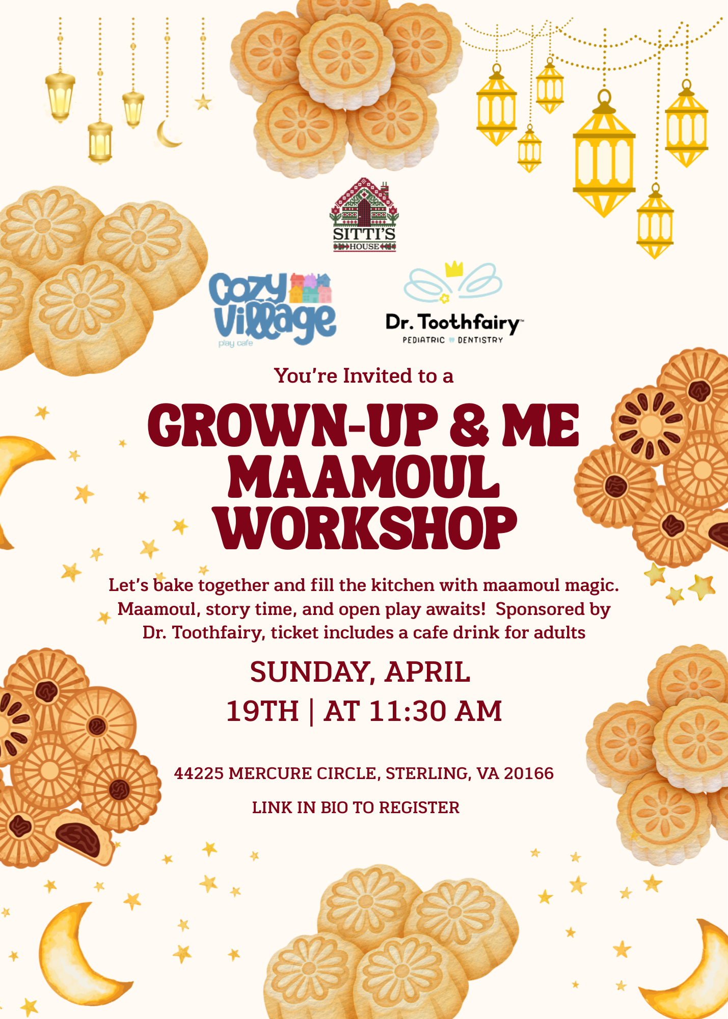 Invitation flyer for a kids baking workshop featuring cookies, crescent moons, lanterns, stars, and decorative elements.