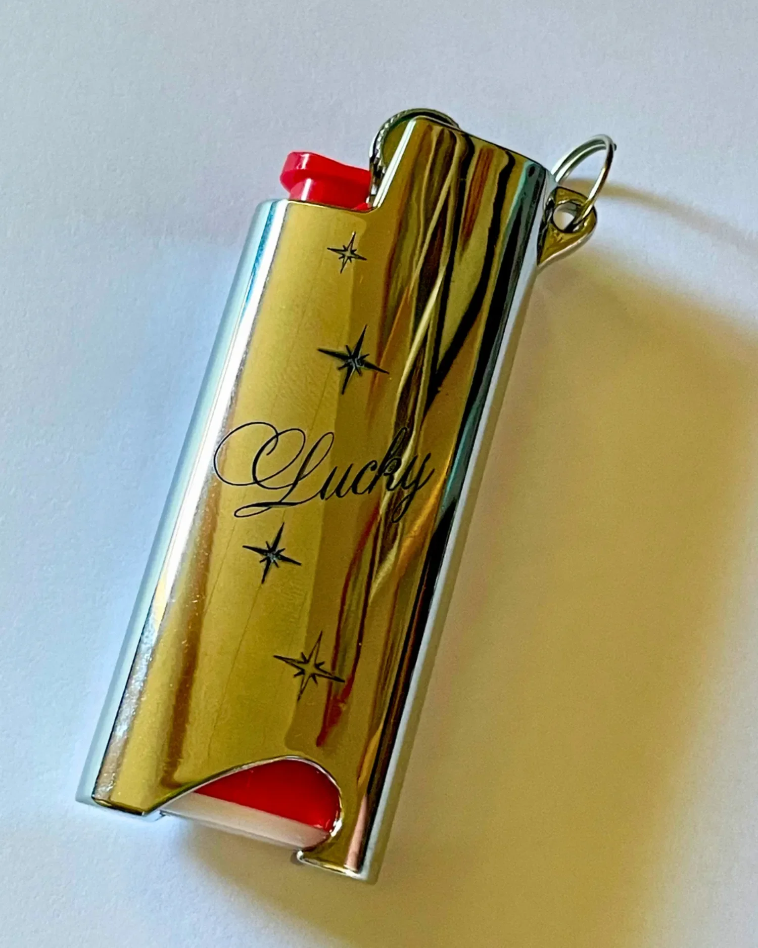 Engraved metal bic mini lighter case keychain