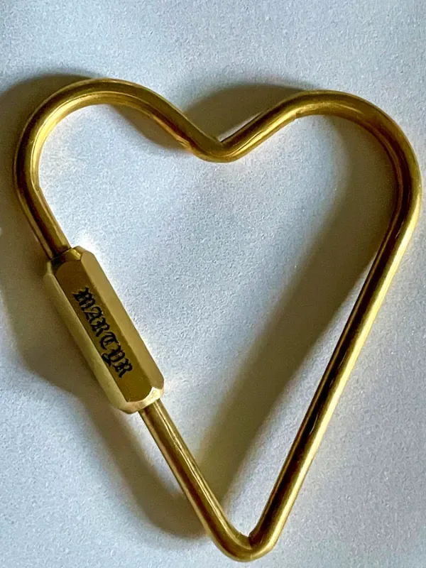 gothic font engraving on brass heart shape carabiner keychain