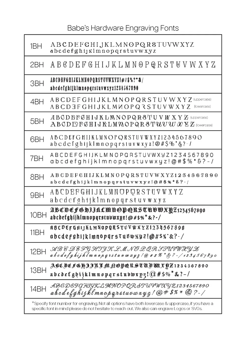 Babe's Hardware custom engraving font list